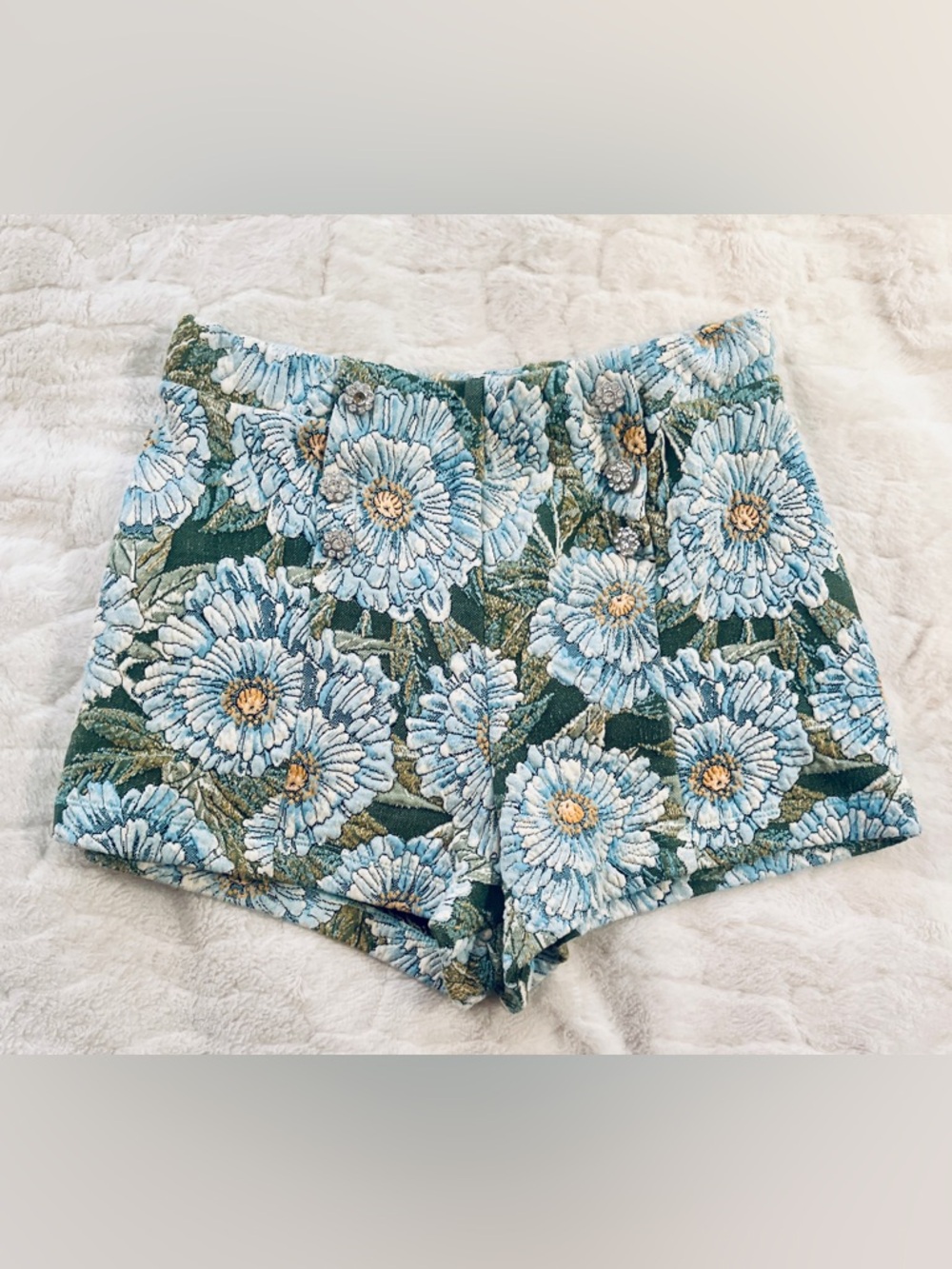 Zara blue floral tweed shorts with jeweled buttons size L
